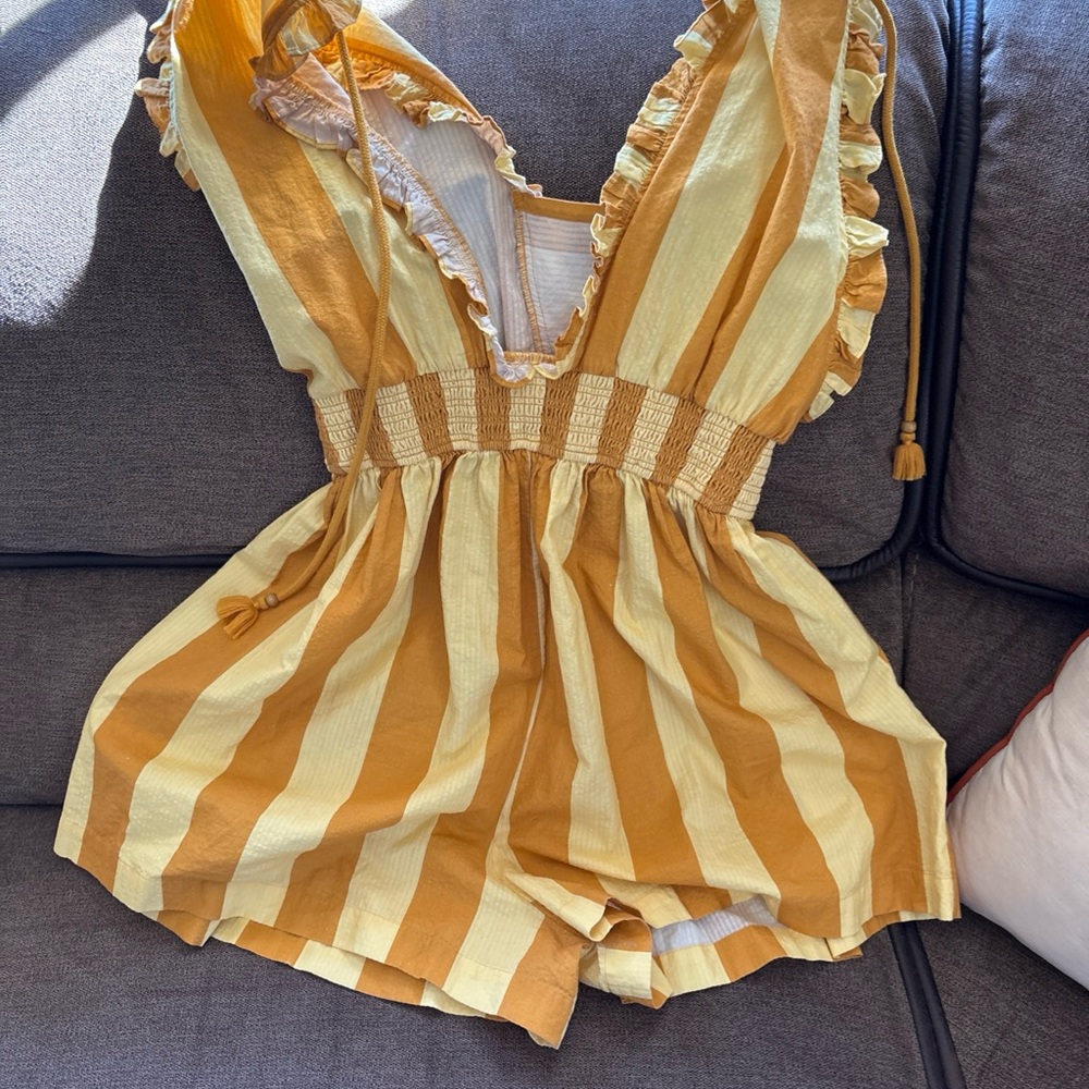 Anthropologie Plenty Tracy Reese Romper Womens Large  Yellow Striped Ruffle - Picture 6 of 6